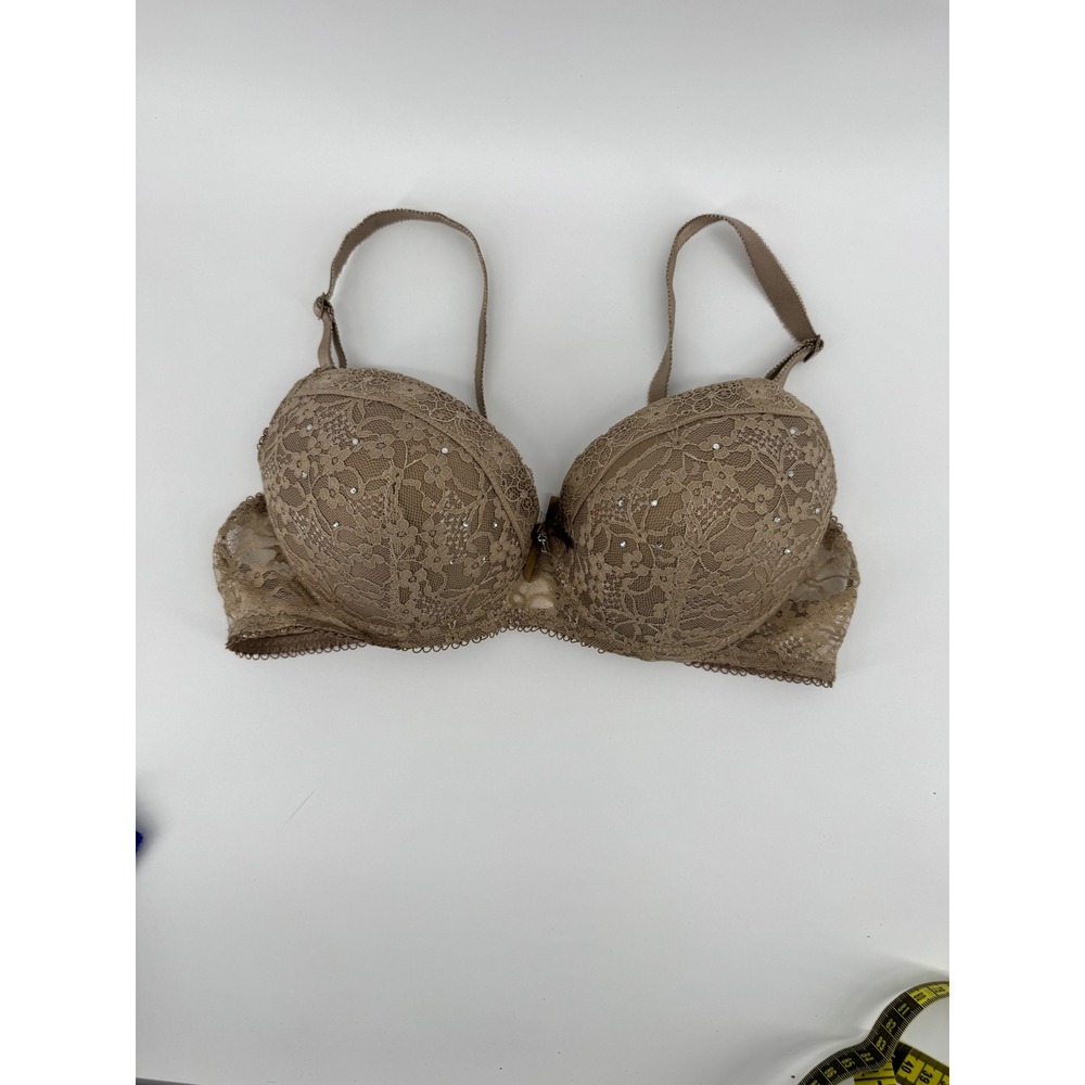Taupe Lace‎ Rhinestone Push Up Bra Floral Padded Underwire 34B Brown